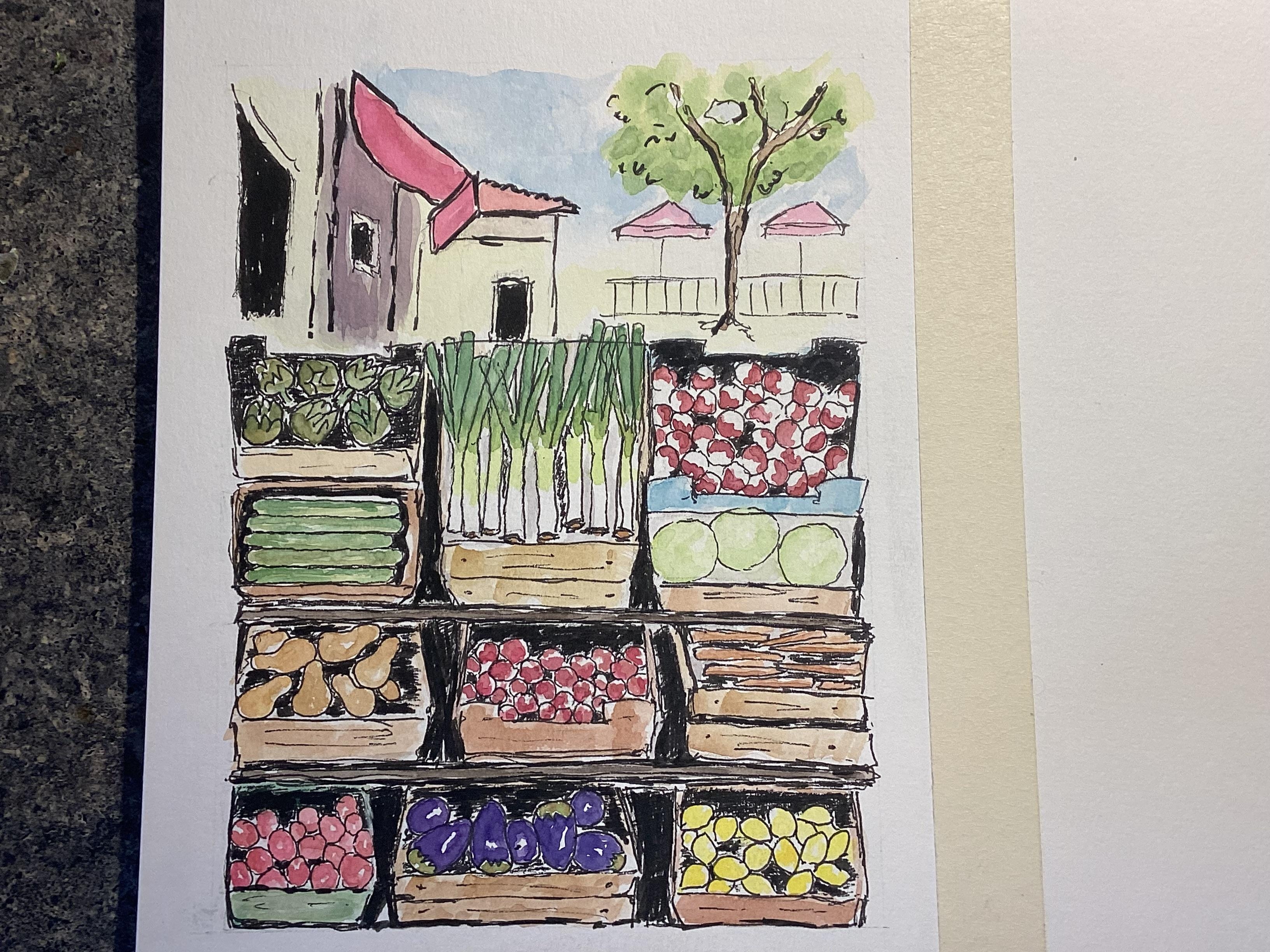 Ink and watercolor market - student project