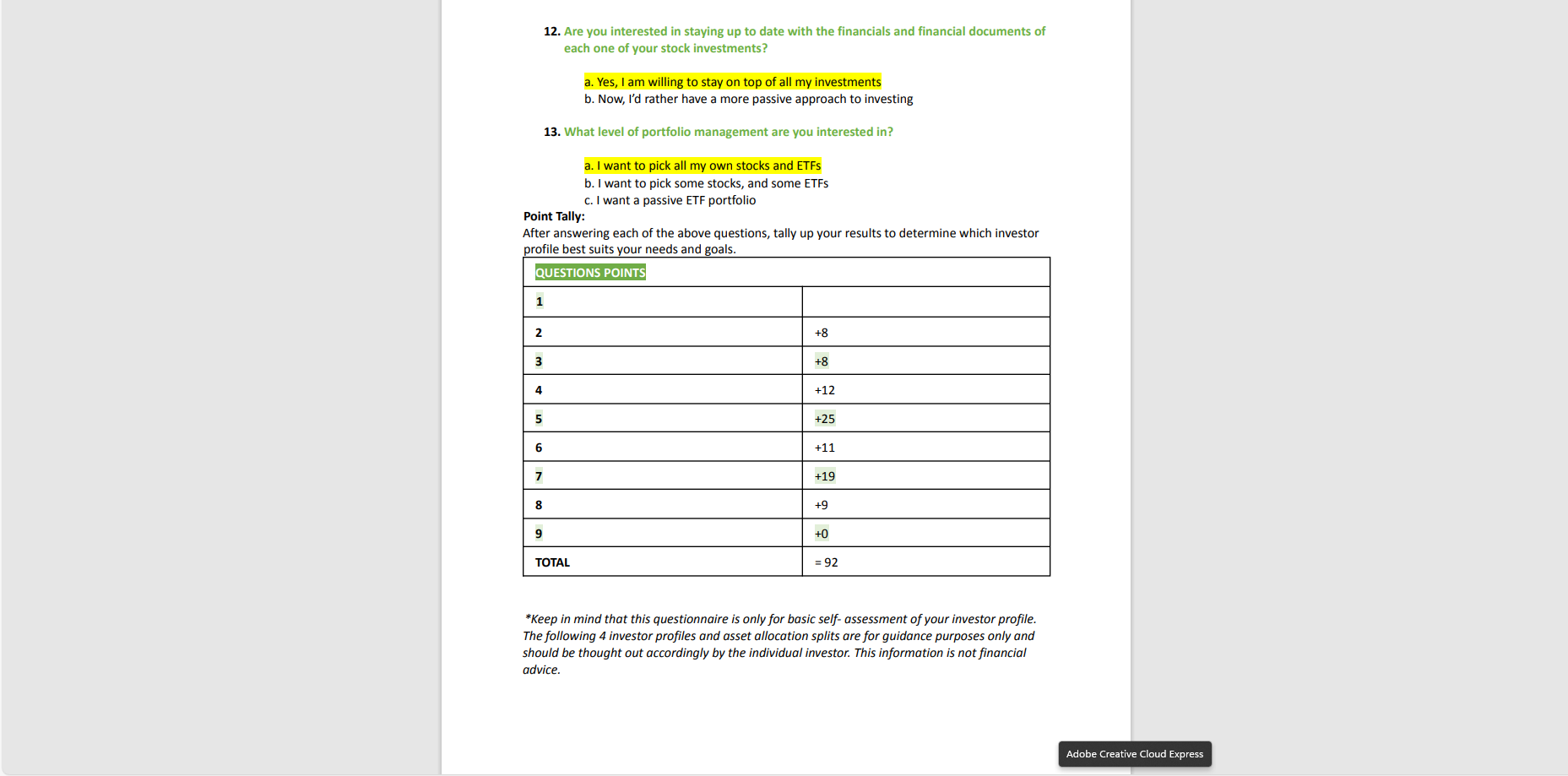 Investor Profile Questionarie - student project