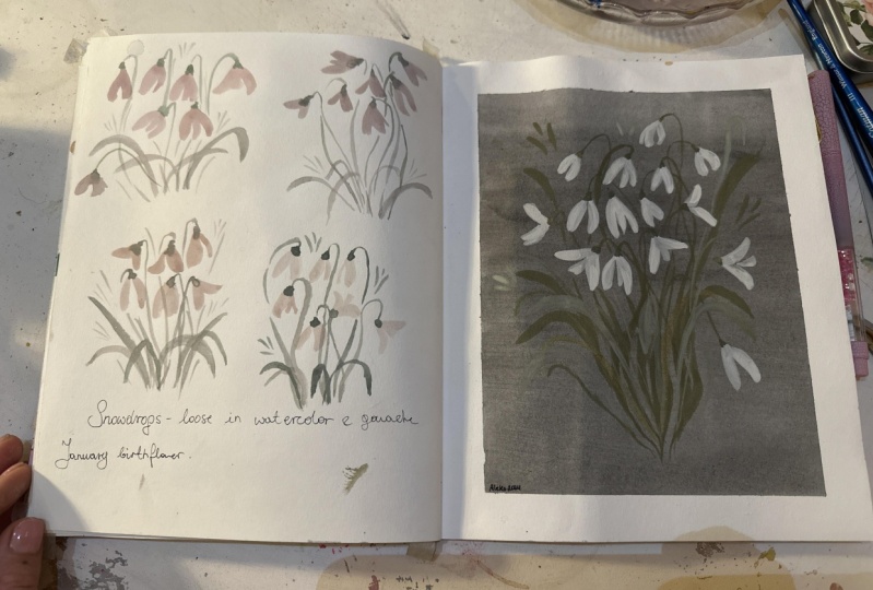Snowdrops sketchbook spread