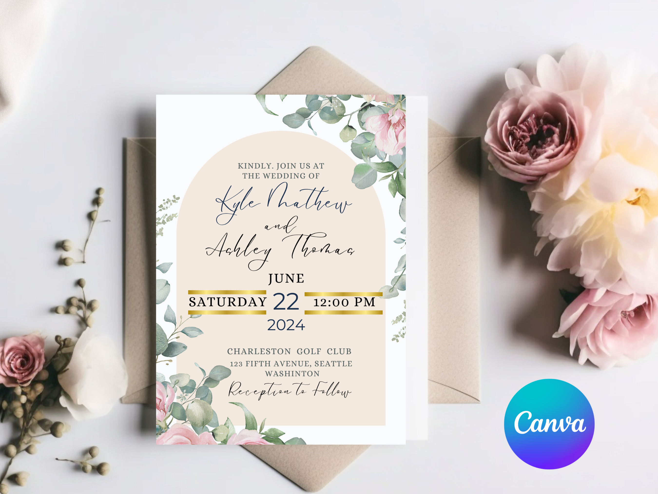 Wedding invitation 5x7 editable by Canva - student project