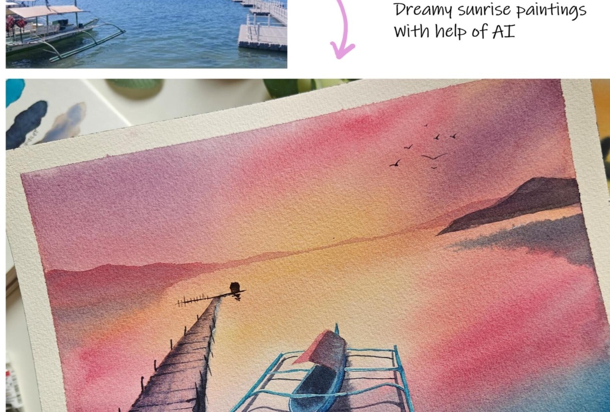 Watercolor Sunrise Painting with help of AI generated reference - student project