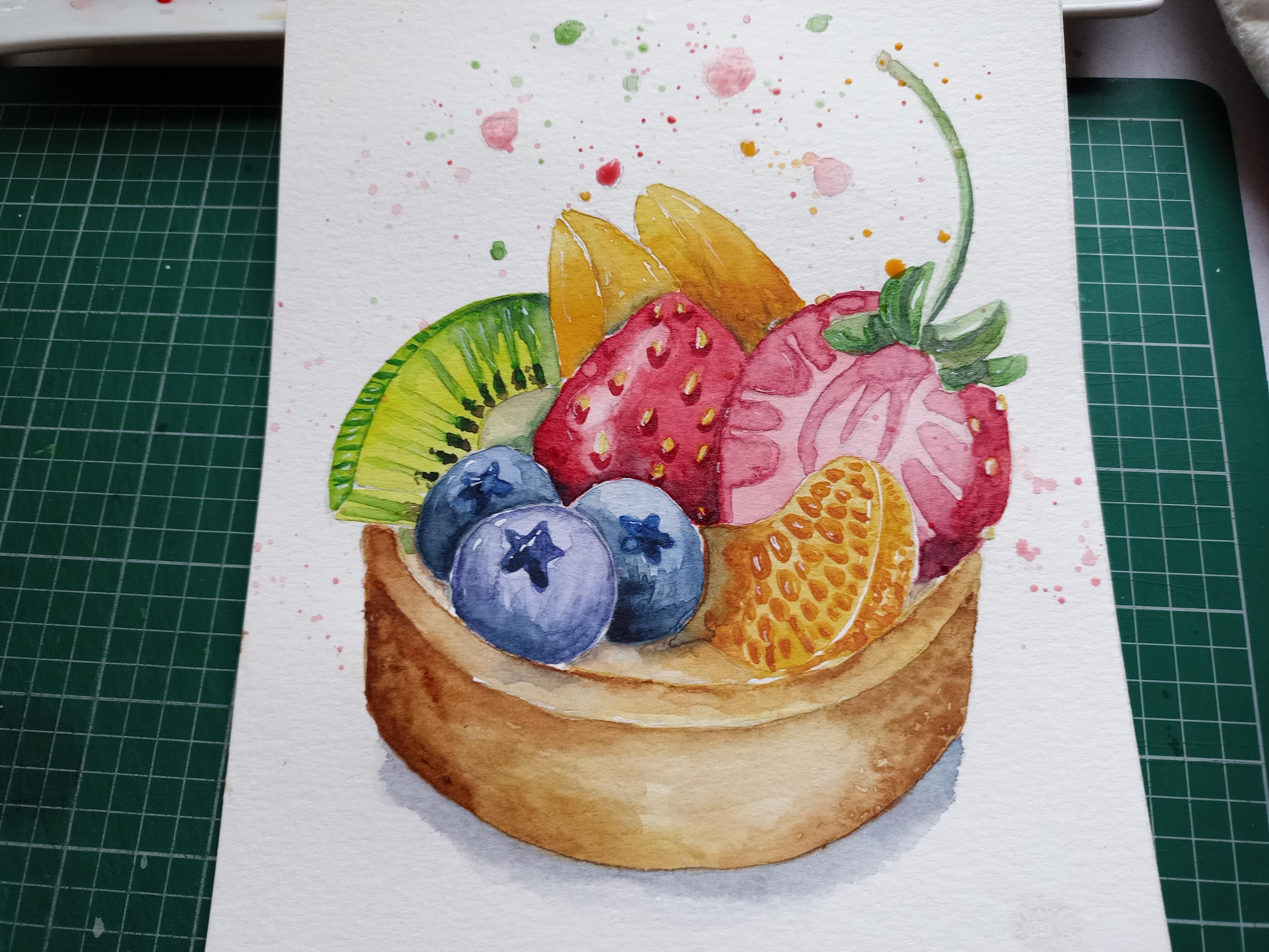 Watercolour fruit tart - student project