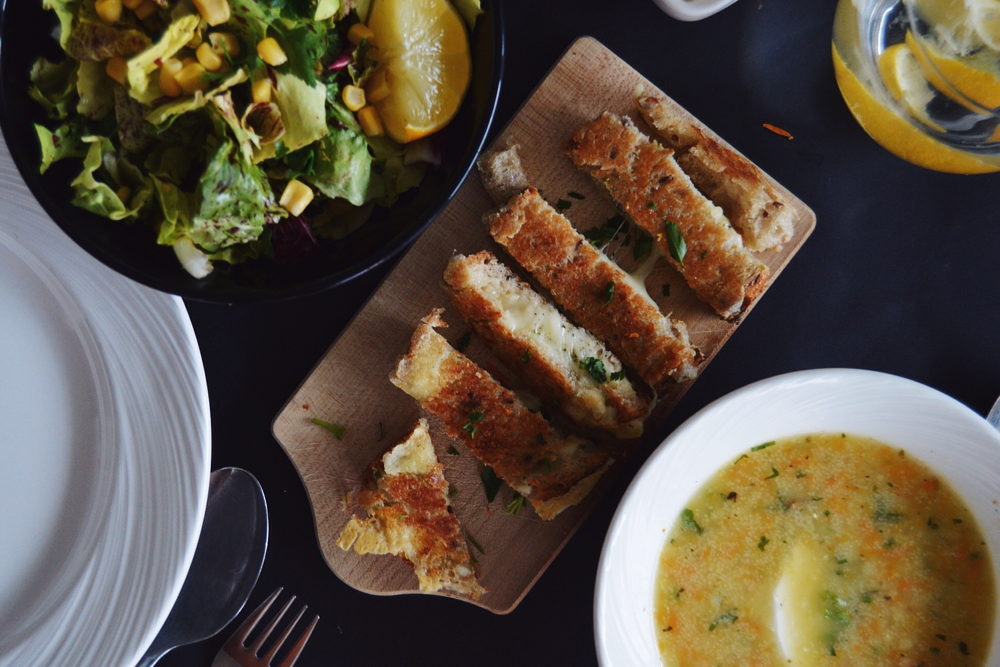 Grilled cheese sticks with thime and origano, served with a lovely season salad and homemade yoghurt dressing - student project