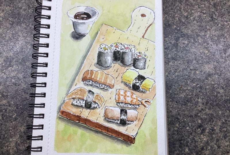 Ink and watercolor sushi