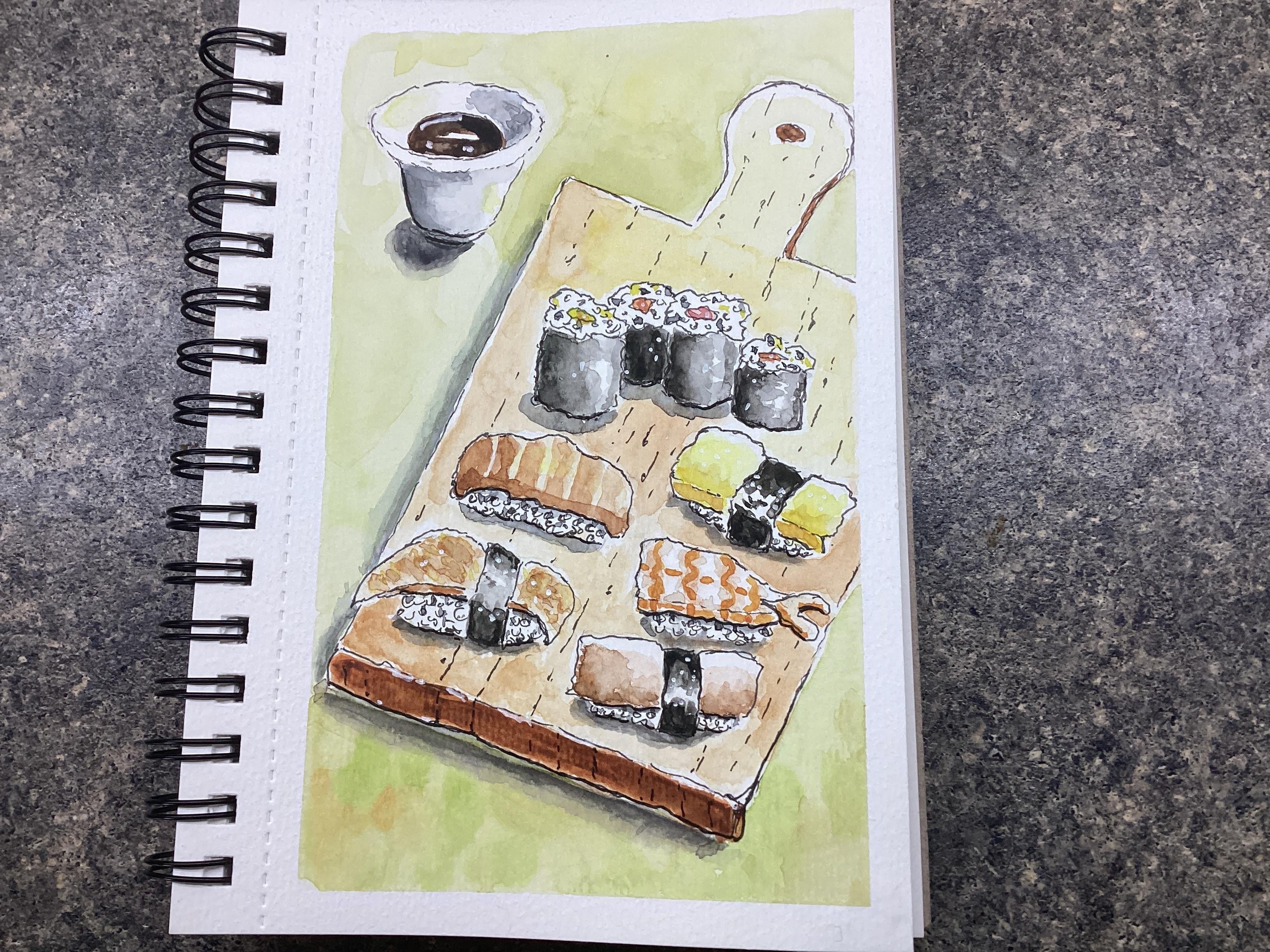 Ink and watercolor sushi - student project