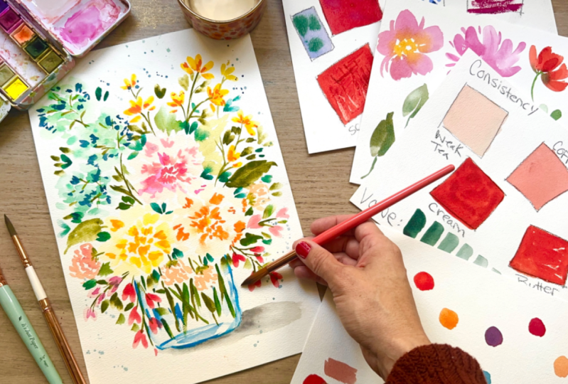 From my Watercolor for Beginners class with a Loose Floral Bouquet