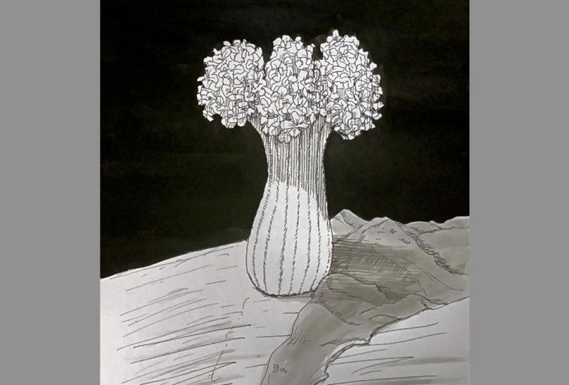 White vase, white flowers and white table top!