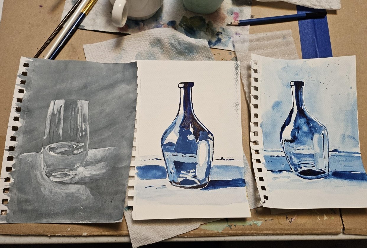 Transparent Glass Objects In Watercolor - student project