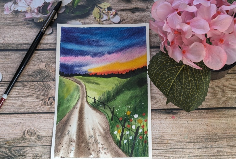 Paint a spring sunset landscape with me - Using Watercolors