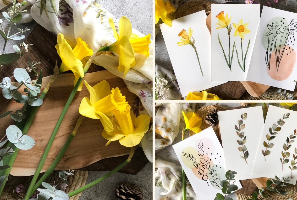 Painting Watercolor Botanicals from Live References in Three Art Styles - student project