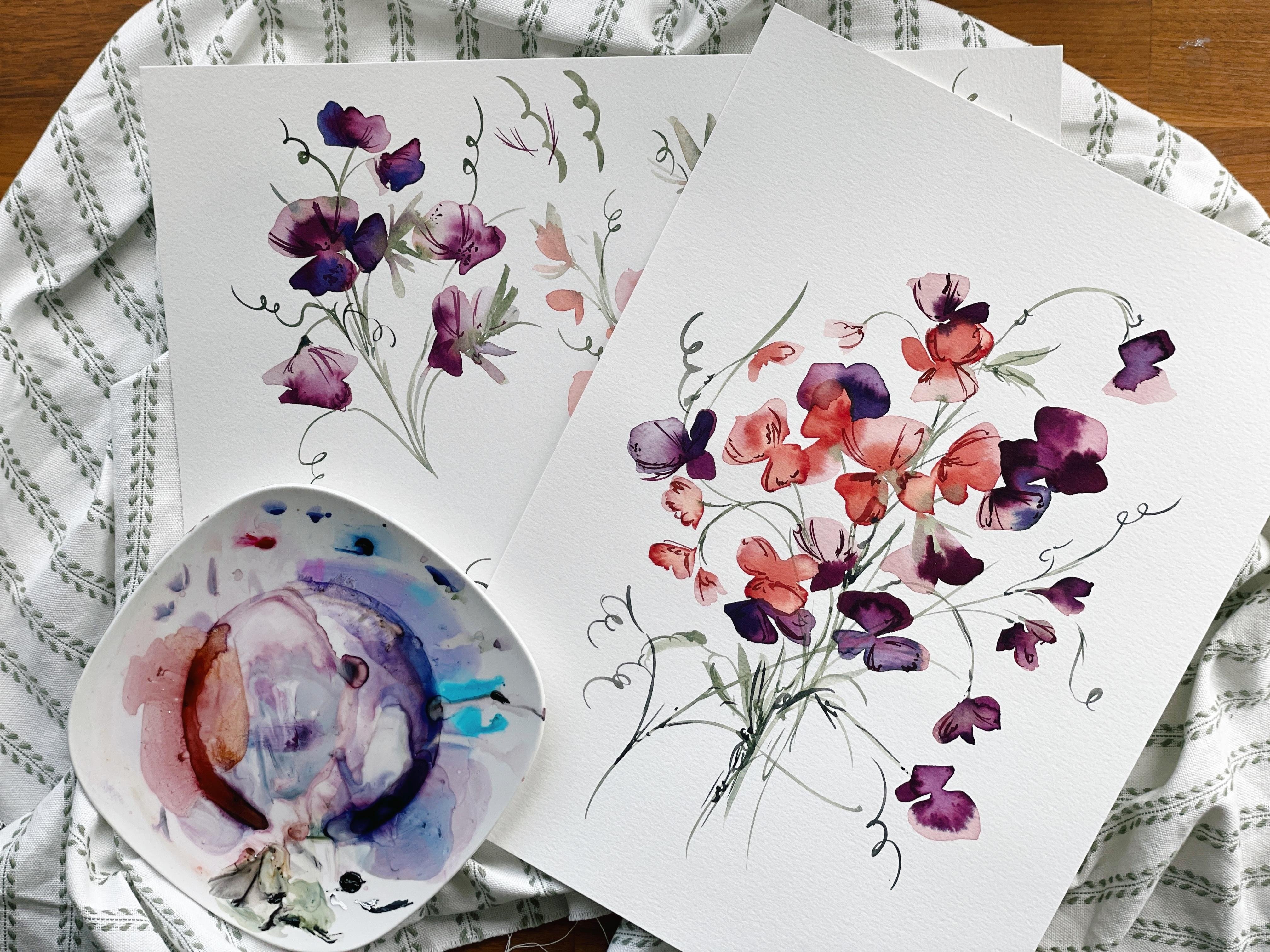 Loose Watercolor Sweet Pea - student project