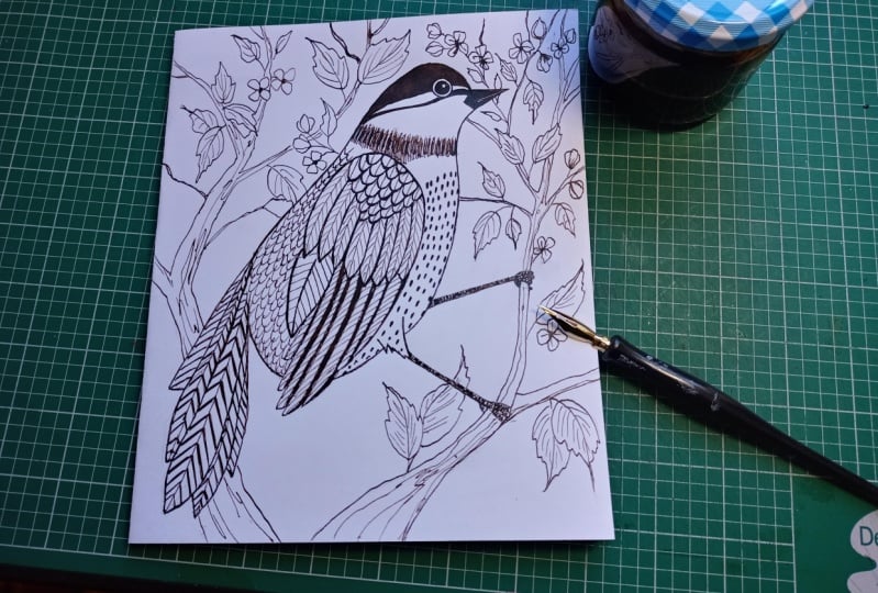 Folk art style in walnut ink