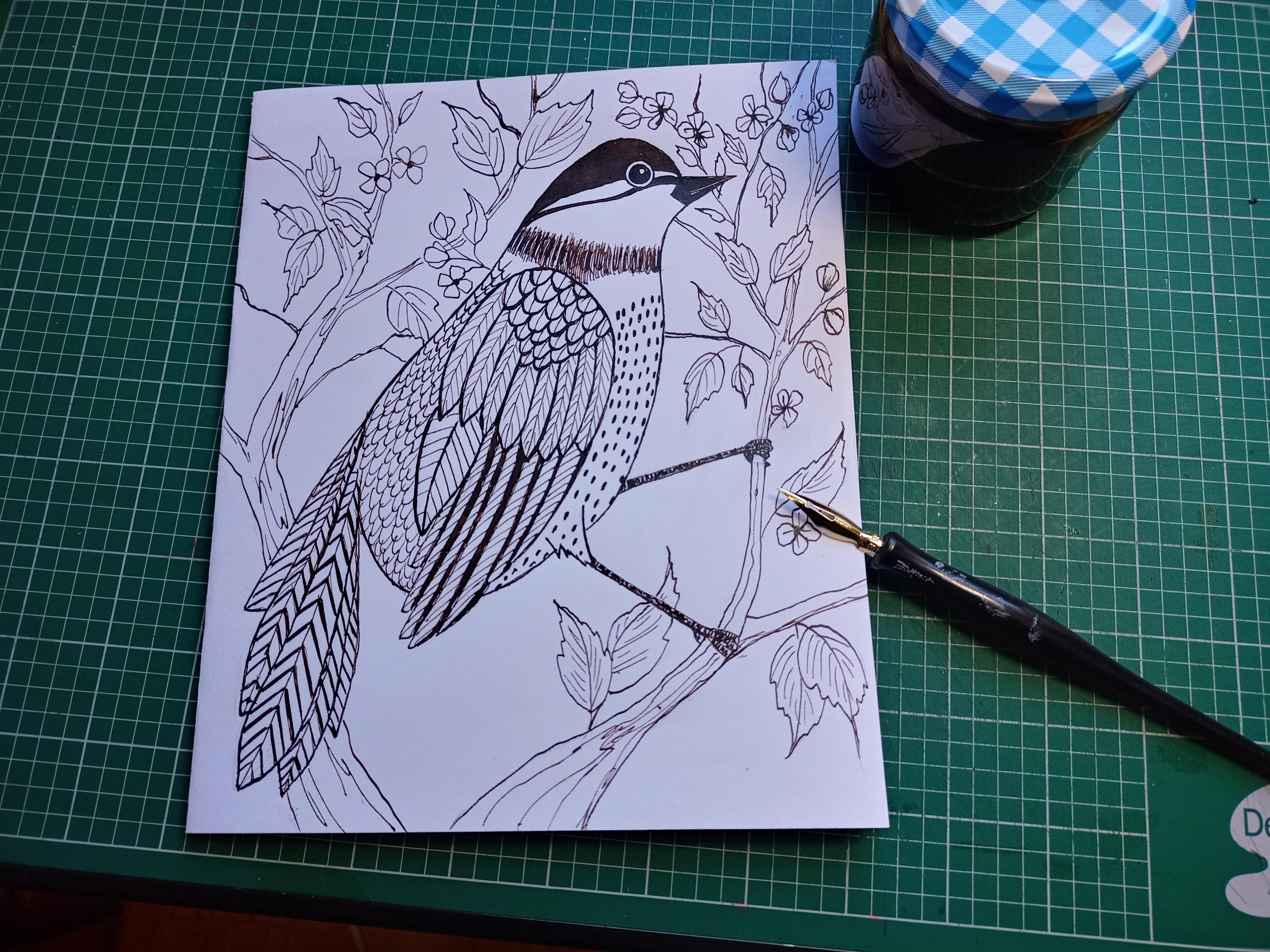 Folk art style in walnut ink