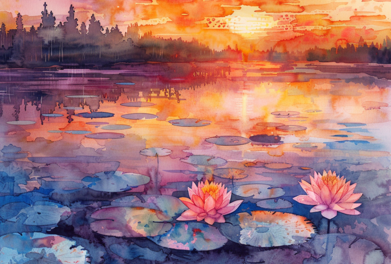Sunset Over a Lake Watercolor Painting by Bonnie David