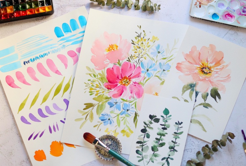 Watercolor Florals Using Filbert Brush