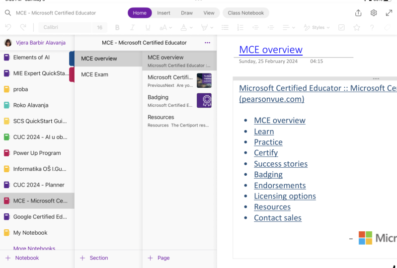Example of OneNote  - digital portfolio for preparing and taking the MCE exam