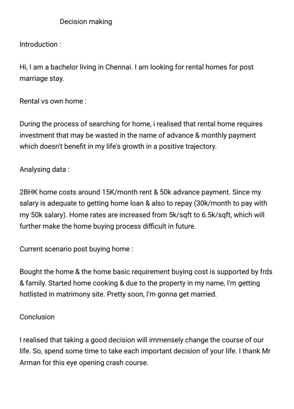 Decision making - Rental home vs Buying home - student project
