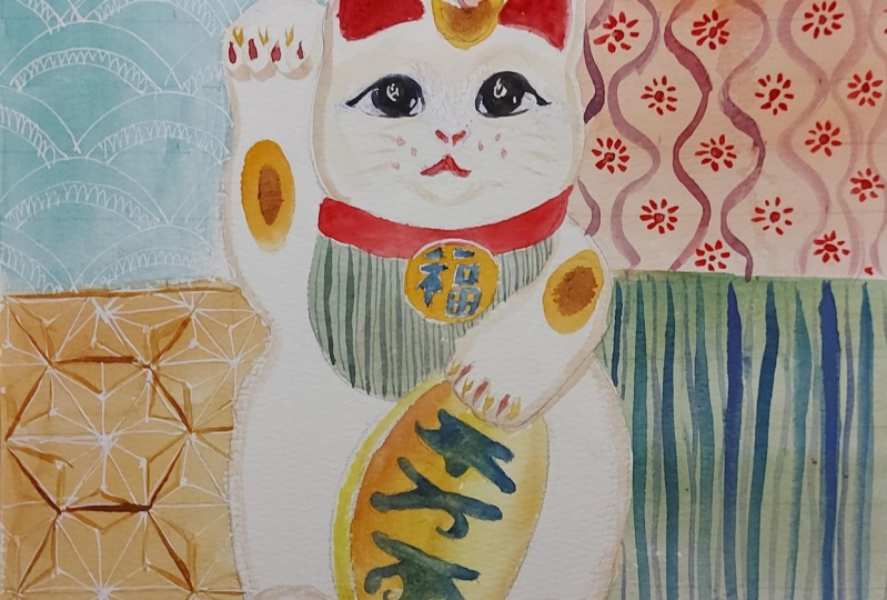 Japanese Lucky Cat In Watercolor