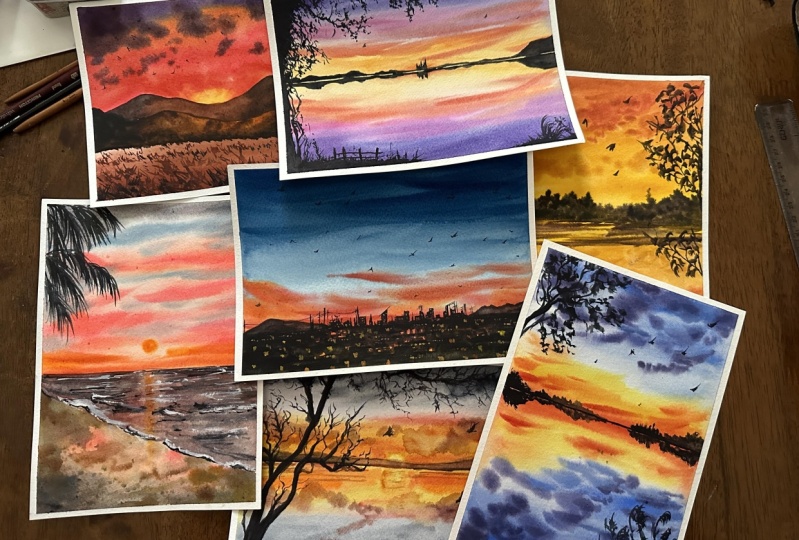 Sunset and silhouette watercolour painting