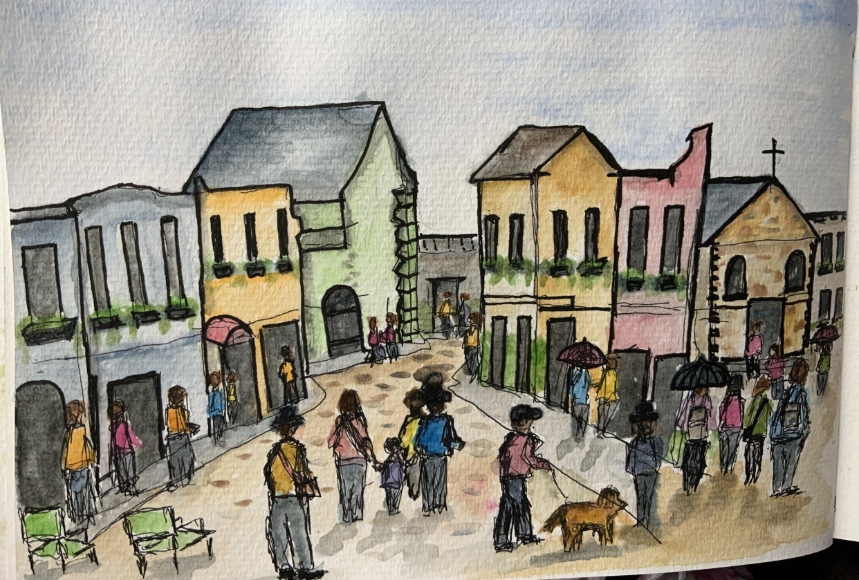 Exercise sketching people in urban scene - student project