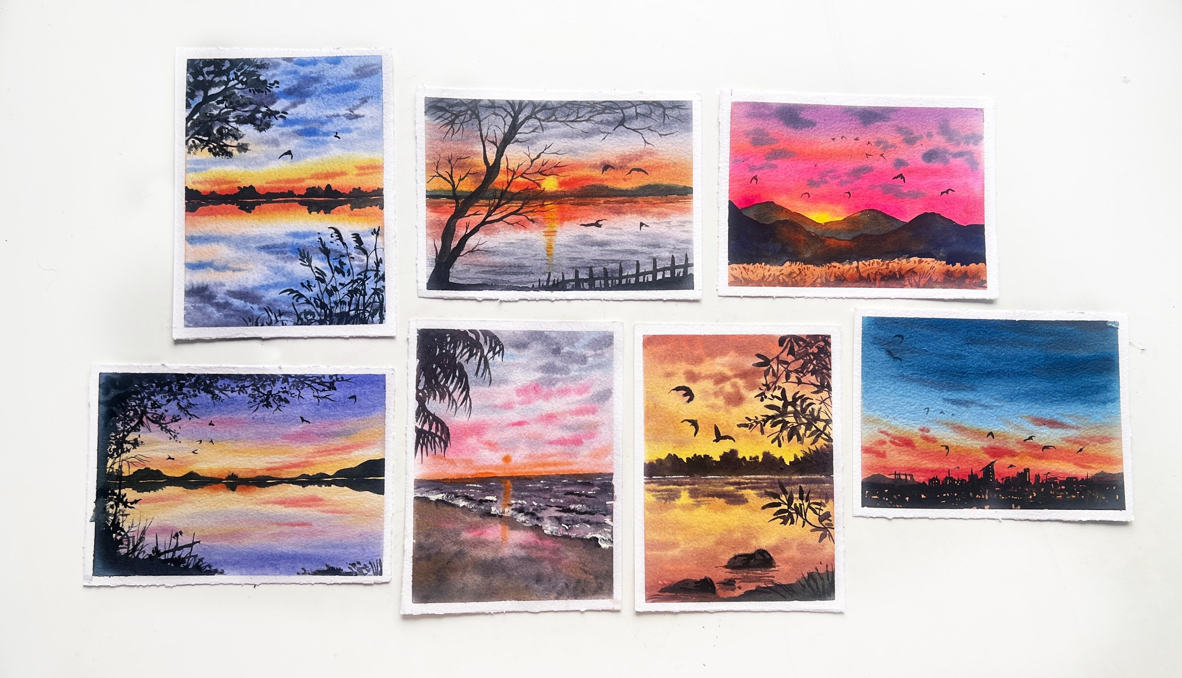 Coucher de soleil et silhouette peintes à l'aquarelle | Sept paysages |  Shanan Subhan | Skillshare, image size:3757x2155