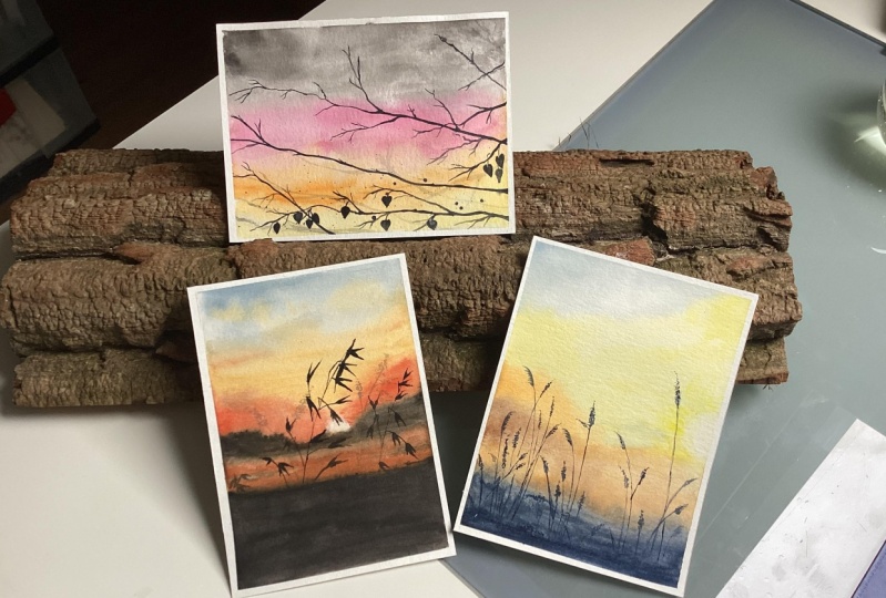 Moody sunset watercolor landscapes