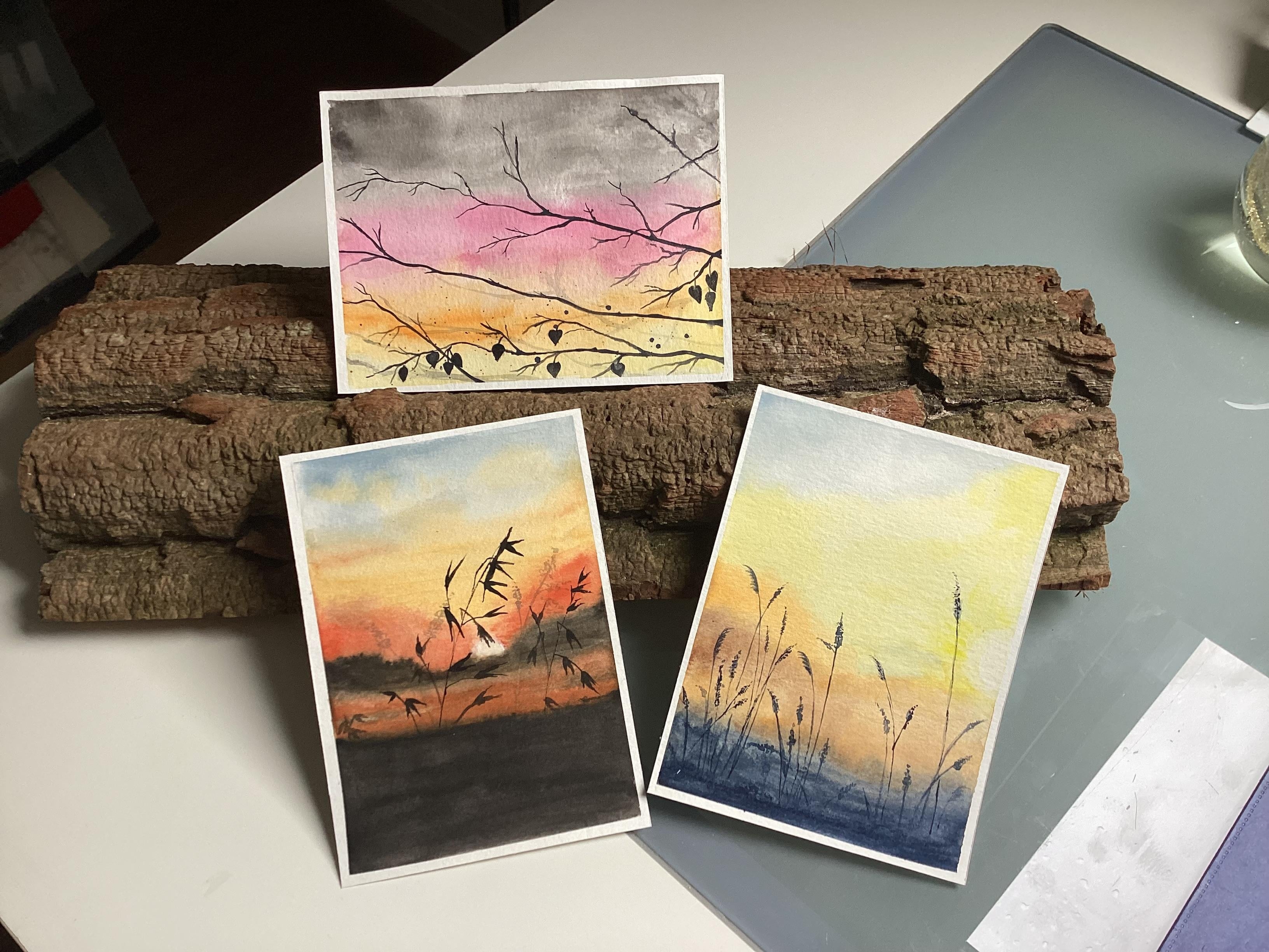 Moody sunset watercolor landscapes - student project