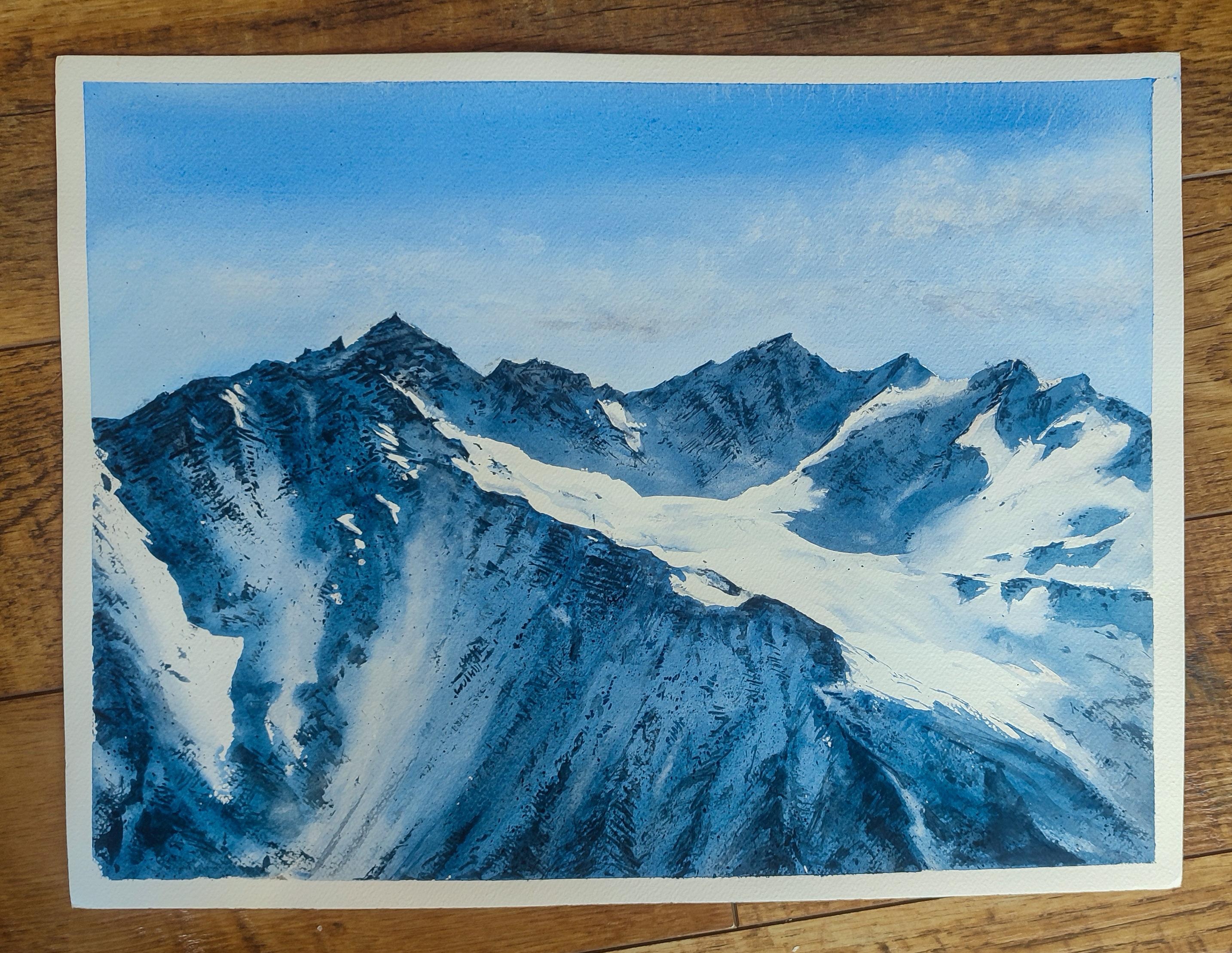 Snowy sunny mountains with watercolour: how to paint snow