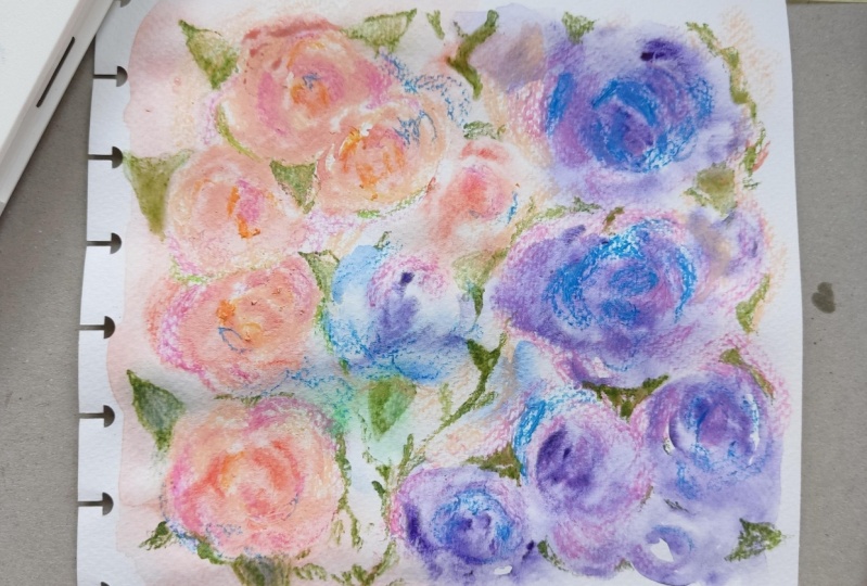 Abstract floral art with watercolor and pastel pencils