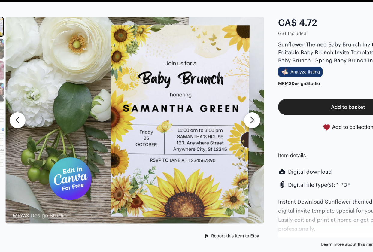 My Etsy Shop Product- Baby Brunch Editable Template