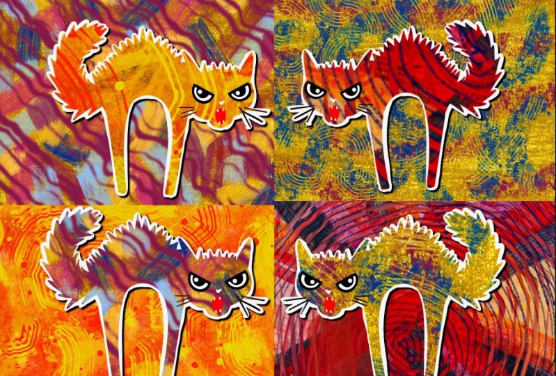 Many different collage papers and recycled mad cats!