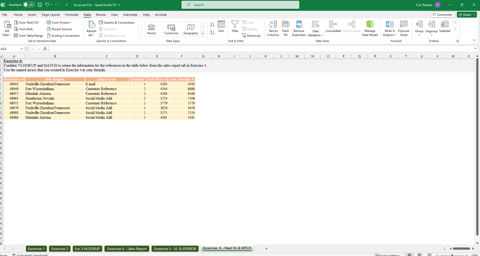 VLOOKUP and MATCH - student project