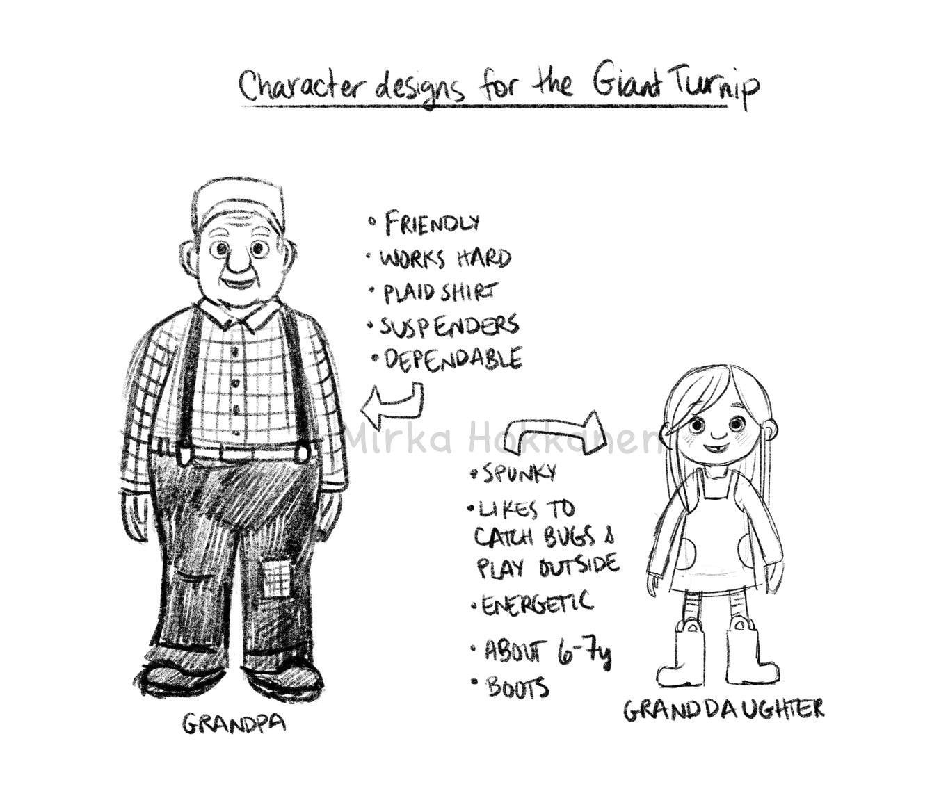 Character designs for grandpa and little girl