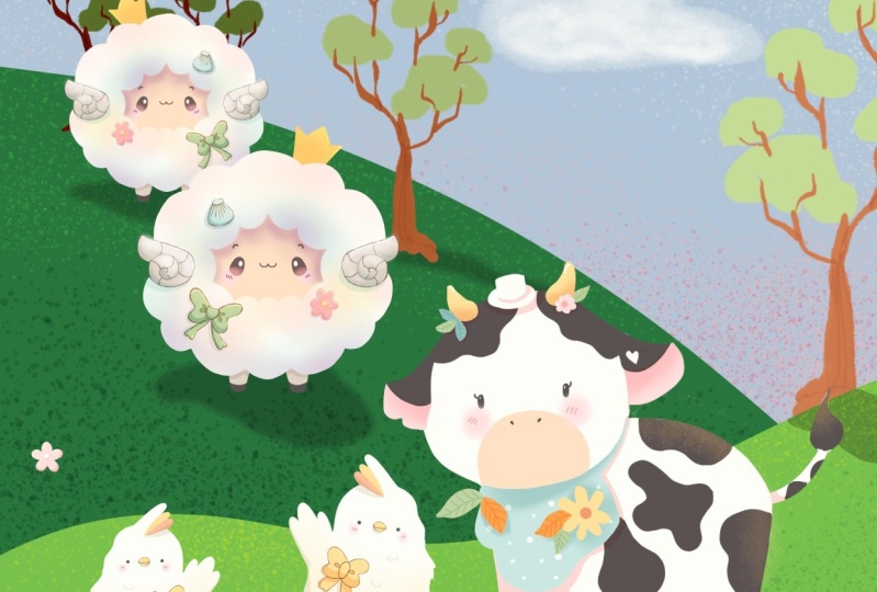 Happy farm animals on the hillside