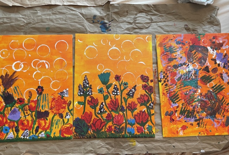 First time painting with acrylics with my 5 and 7 year old daughters