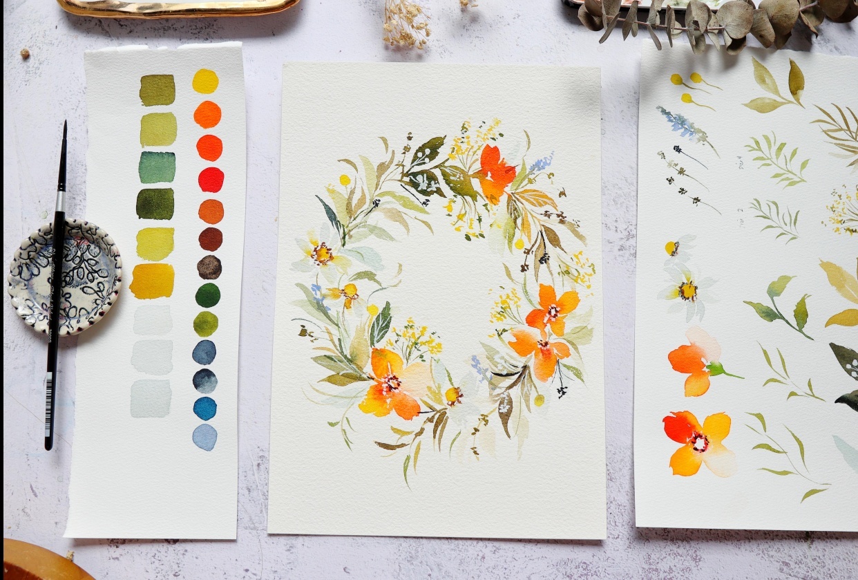 Dainty Watercolor Wreath - student project