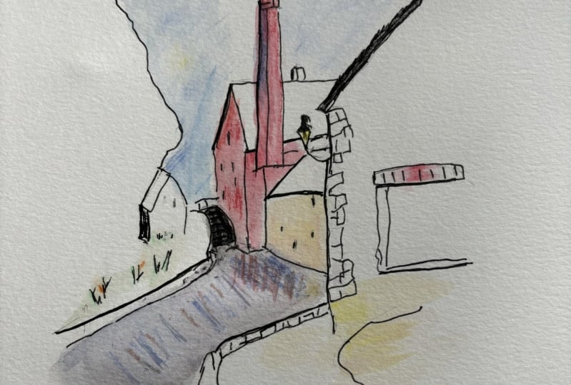 Charming watermill using ink and pencil crayons.