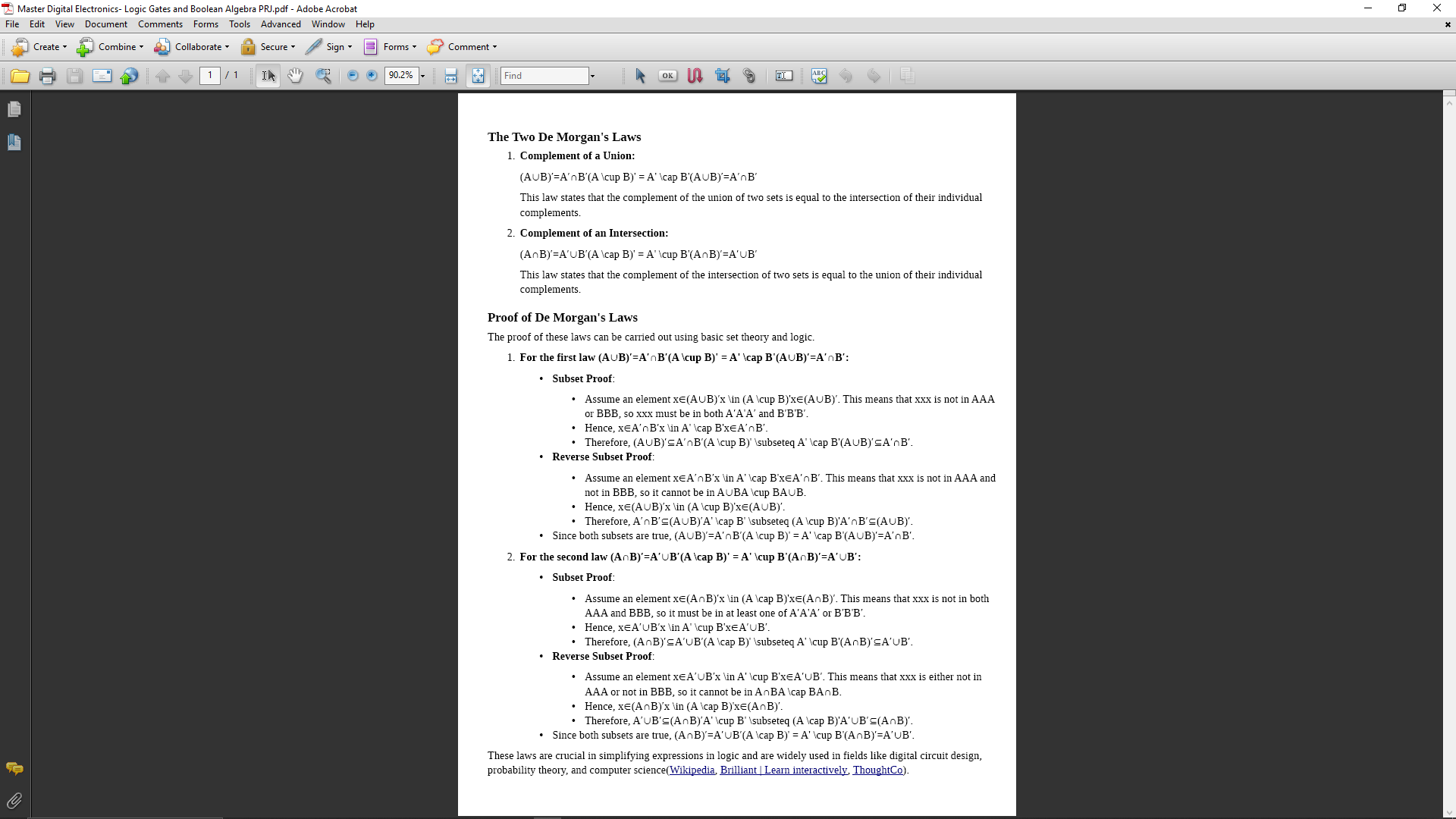 PRJ, Proof of De Morgan's Laws - student project