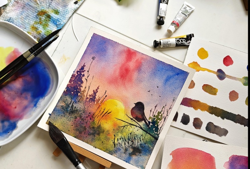 Watercolor painting with 3 primary colors