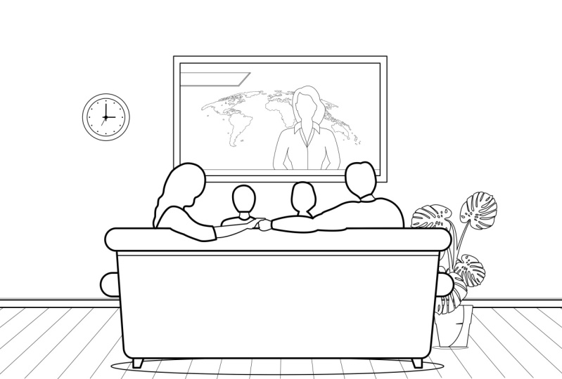 Line art drawing of family watching TV