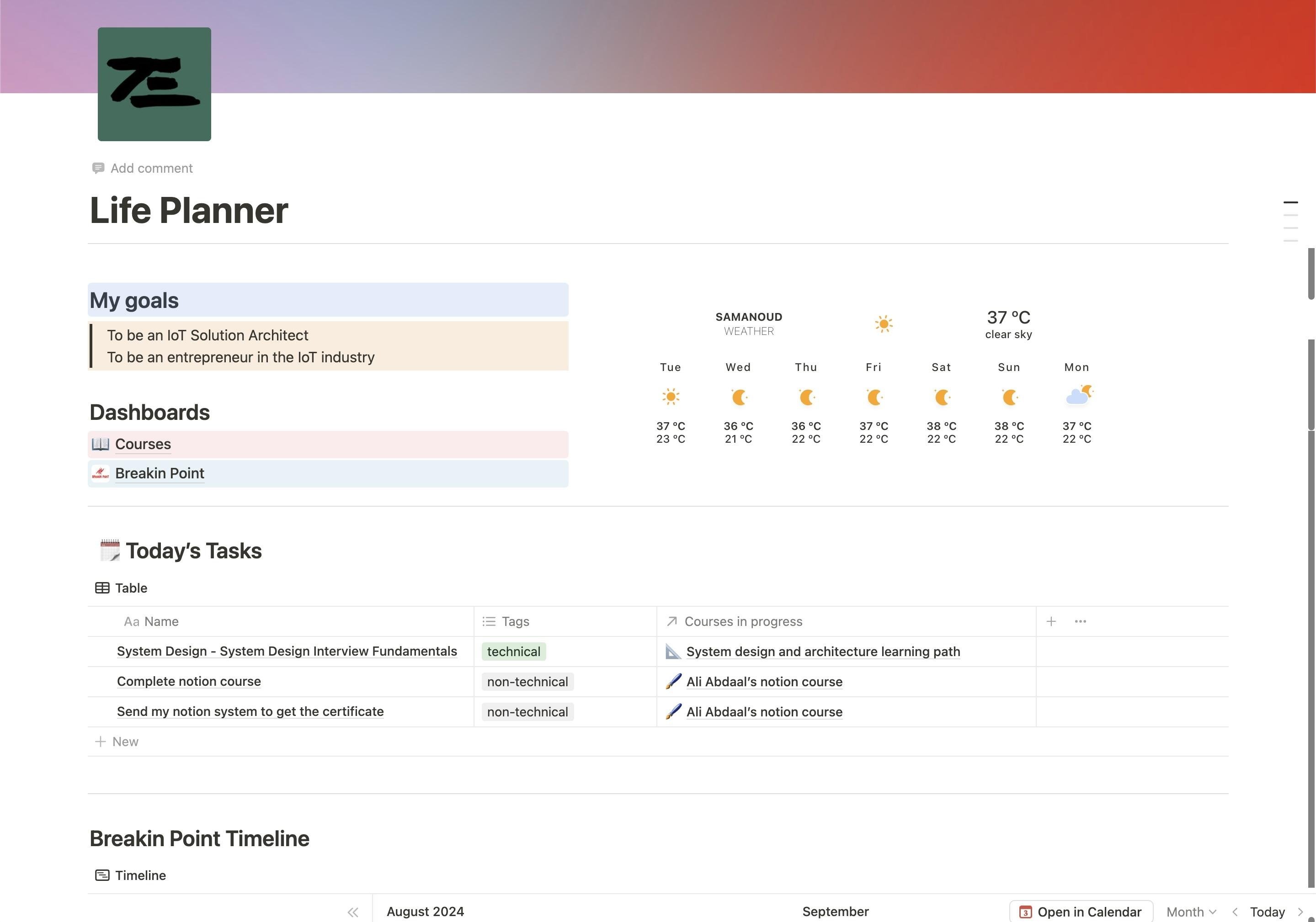 Life planner for a student