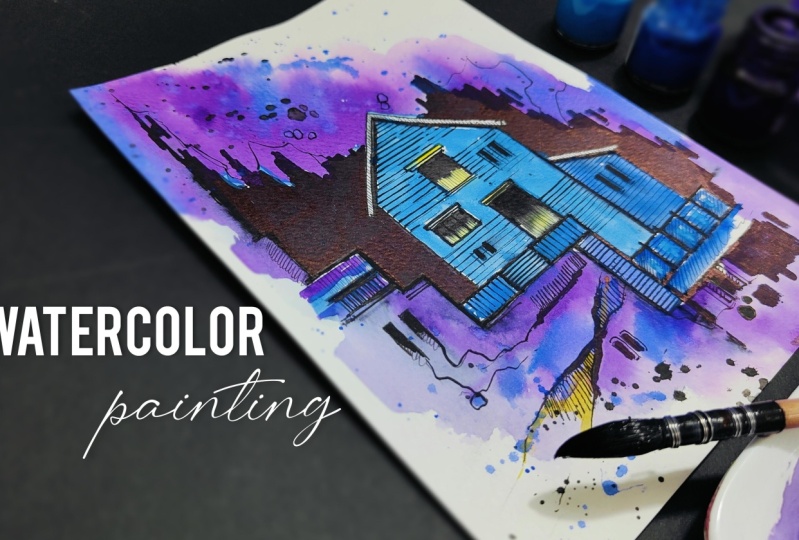 Abstract House Sketching With Watercolors