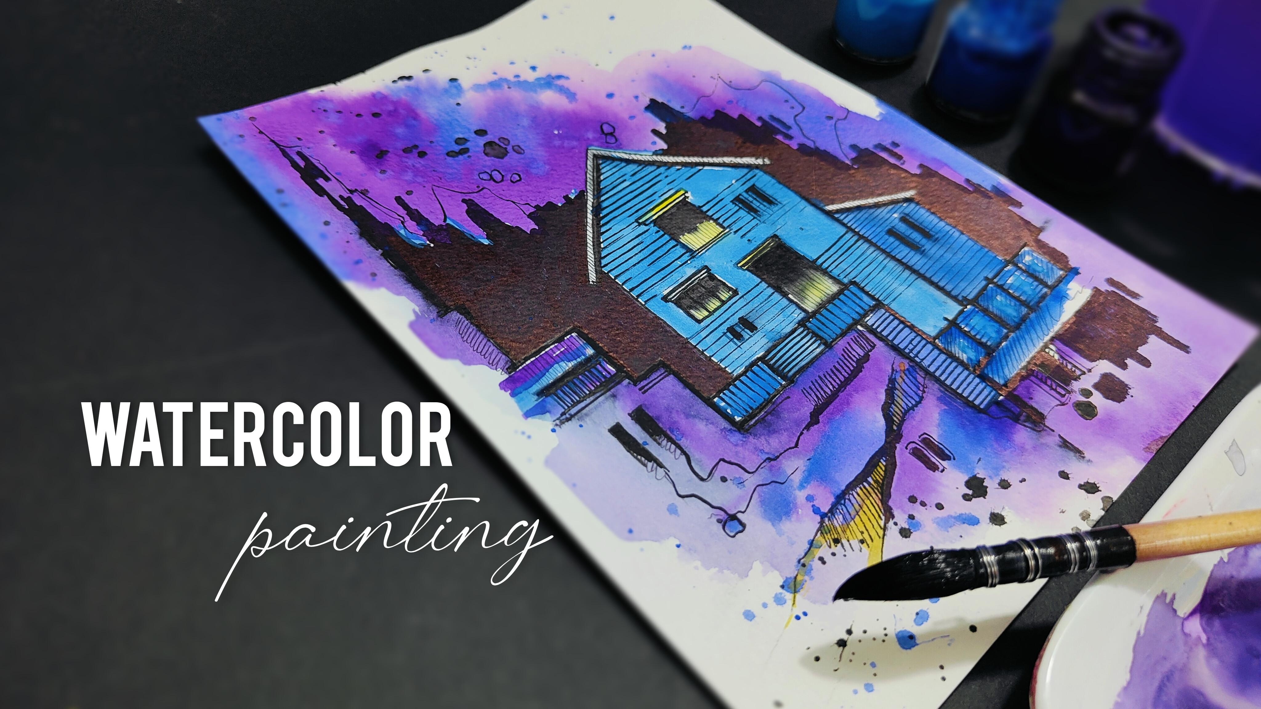 Abstract House Sketching With Watercolors - student project