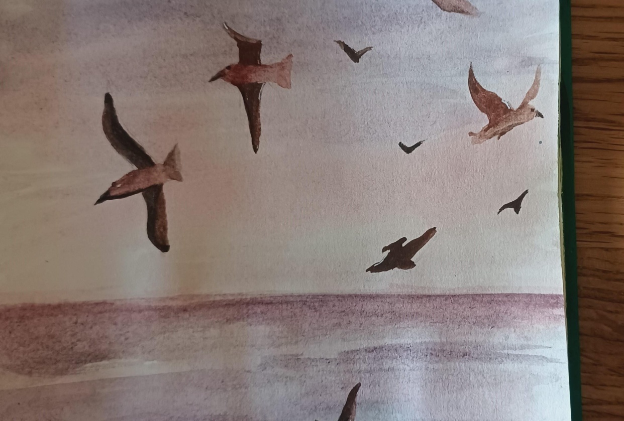morning seascape with seagulls - student project