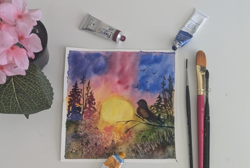 Simple Watercolor Painting with 3 Primary Colors