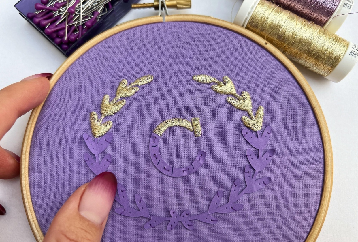 Goldenwork Initial Embroidery on Paper - student project