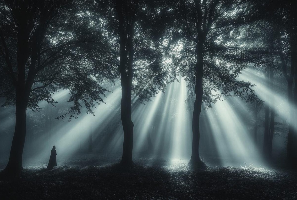 Haunting forest with sihouette figure - student project