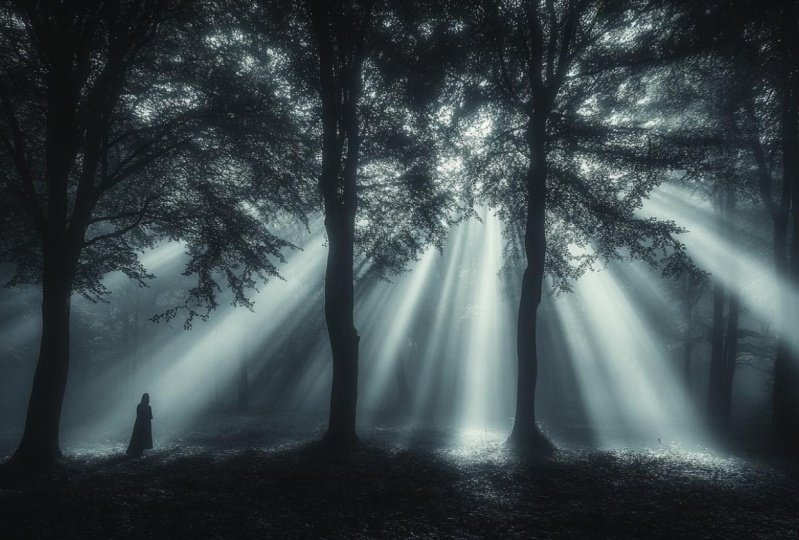 Haunting forest with sihouette figure