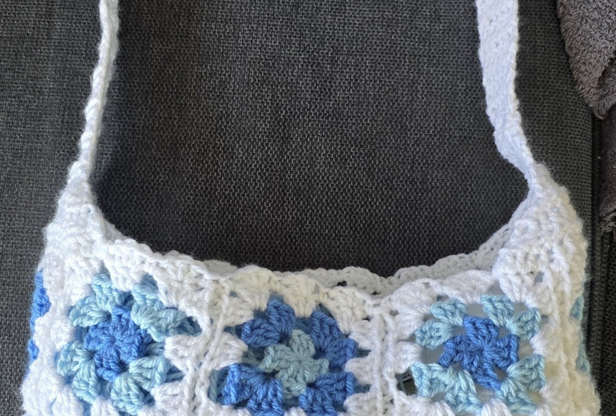 Blue and White Granny Square Bag - student project