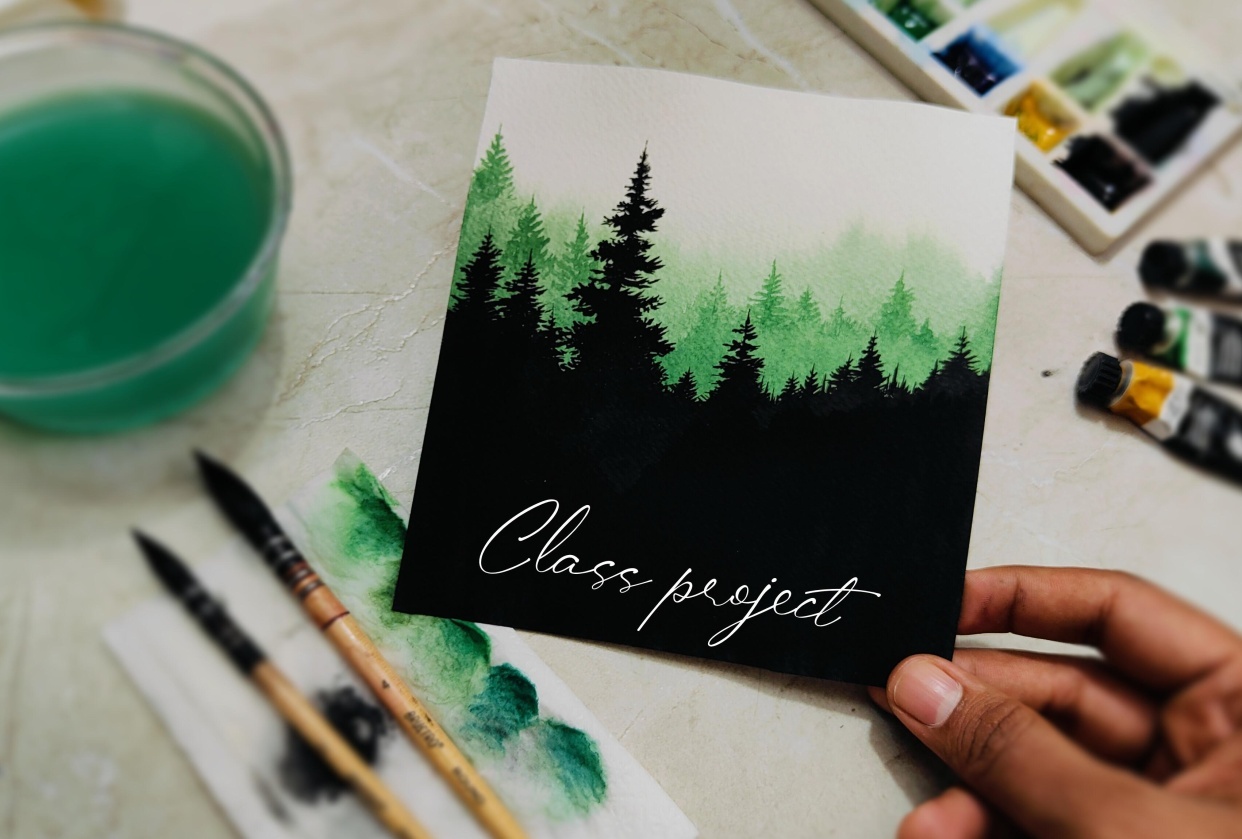 Elegant Misty Forest With Watercolors - student project